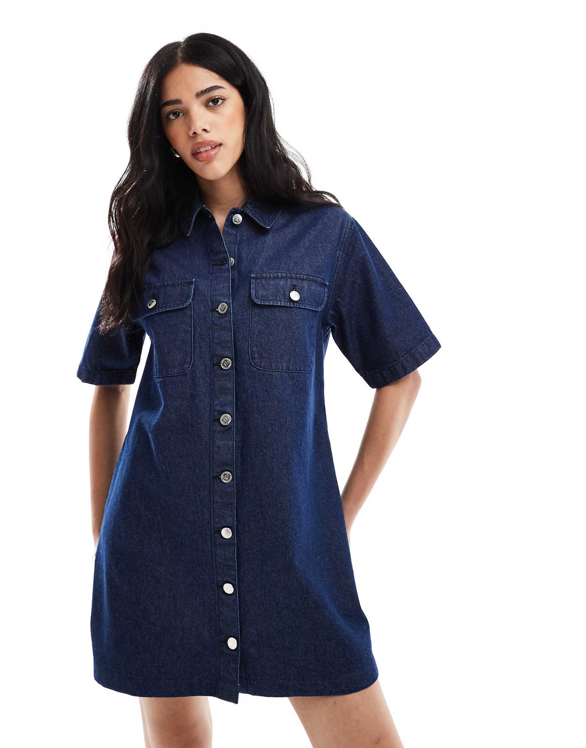 Miss Selfridge oversized short sleeve denim shirt dress in indigo wash
