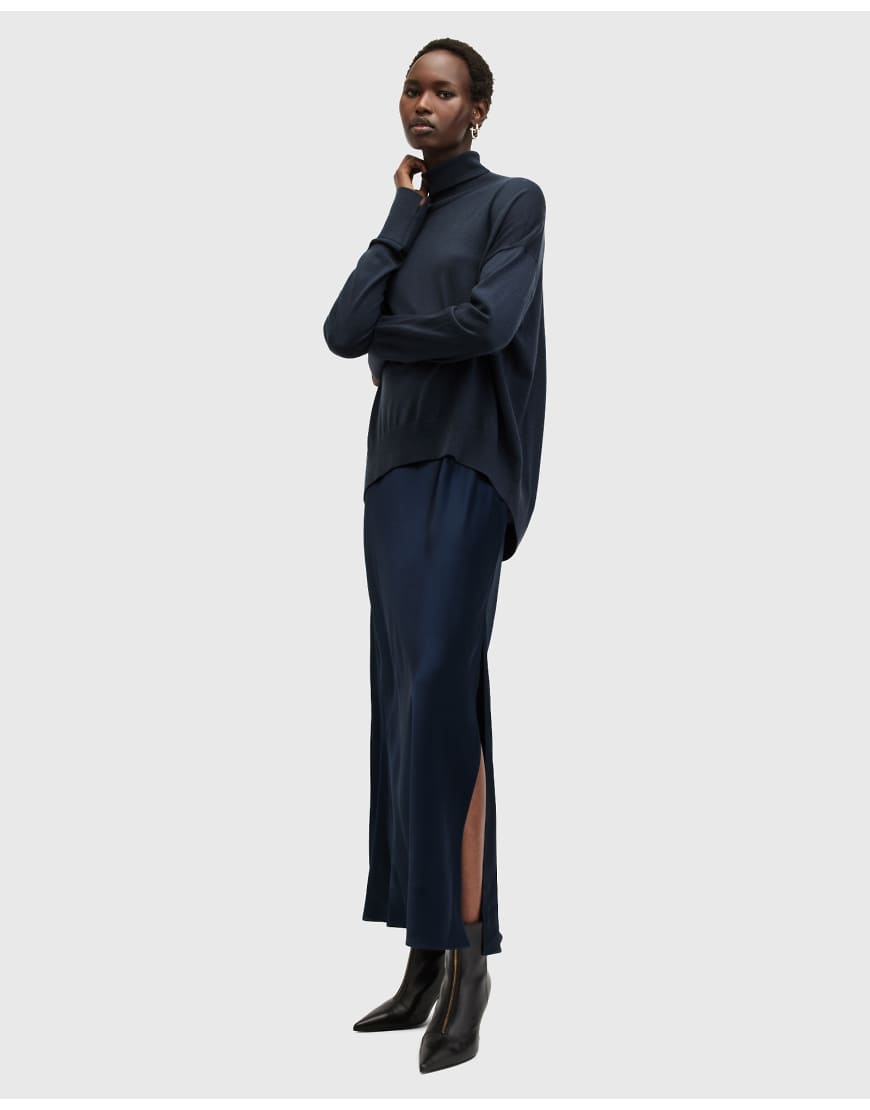 AllSaints 2in1 Neo satin maxi dress in navy