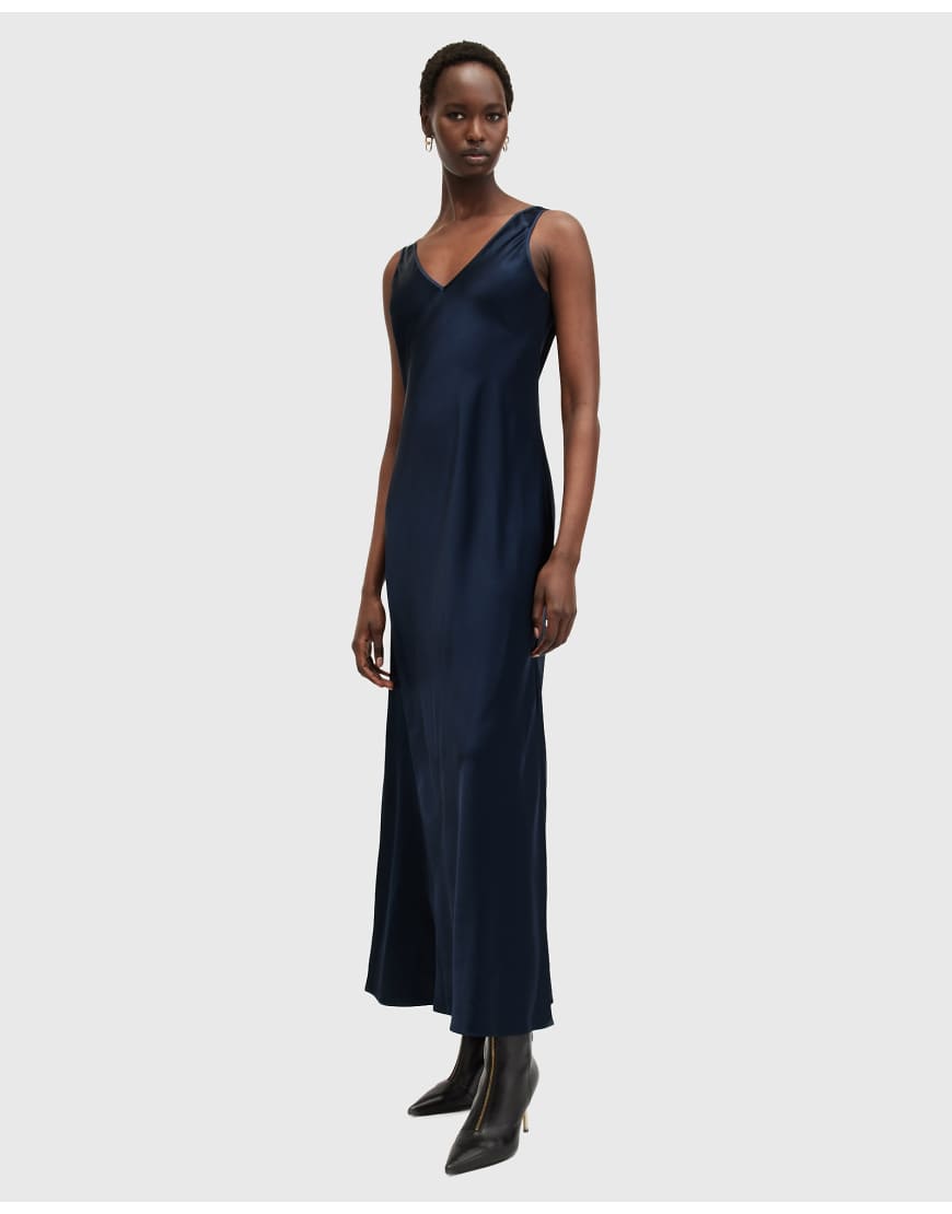 AllSaints 2in1 Neo satin maxi dress in navy