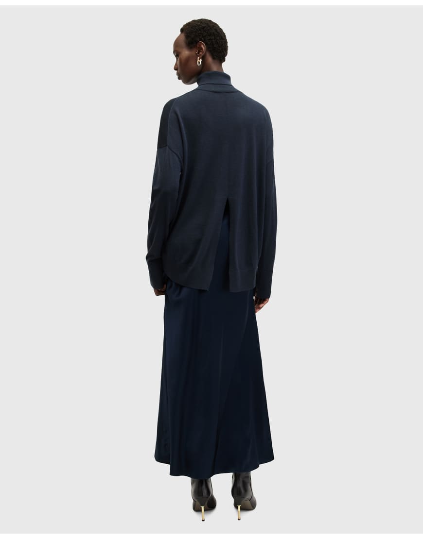 AllSaints 2in1 Neo satin maxi dress in navy