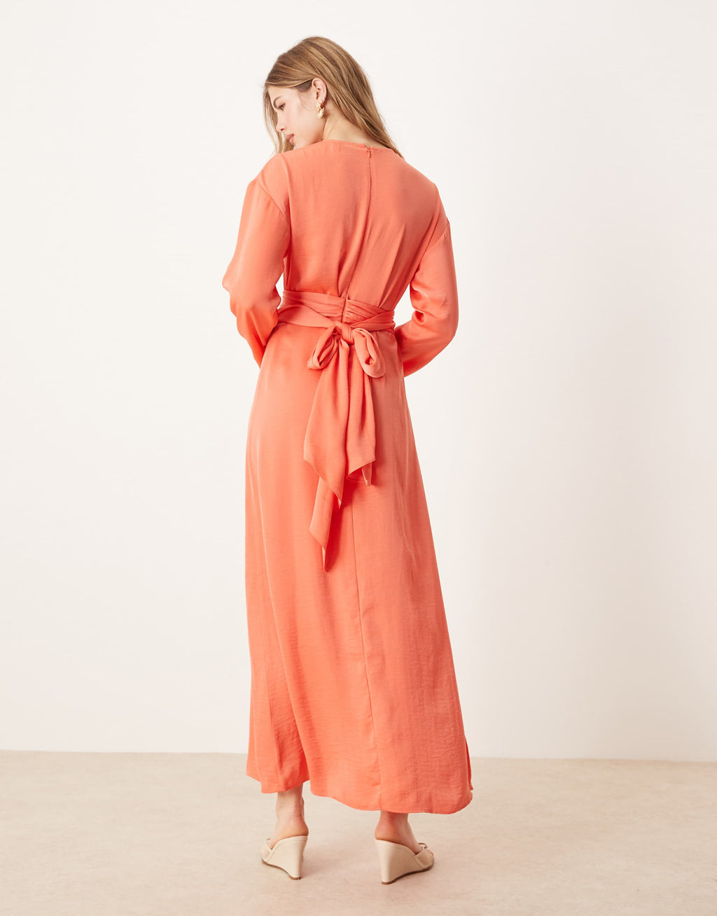 ASOS DESIGN tie back satin maxi dress in bright peach