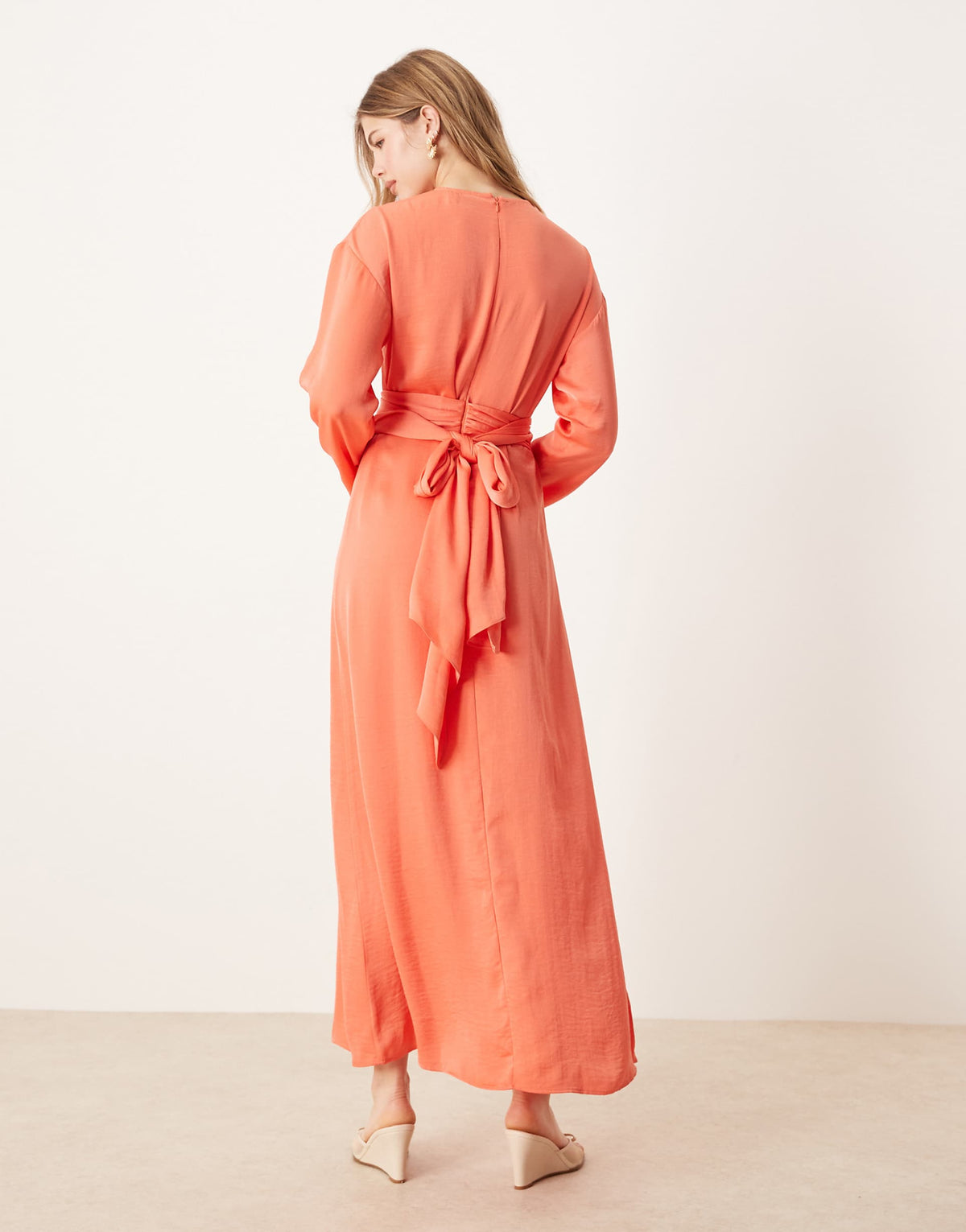 ASOS DESIGN tie back satin maxi dress in bright peach