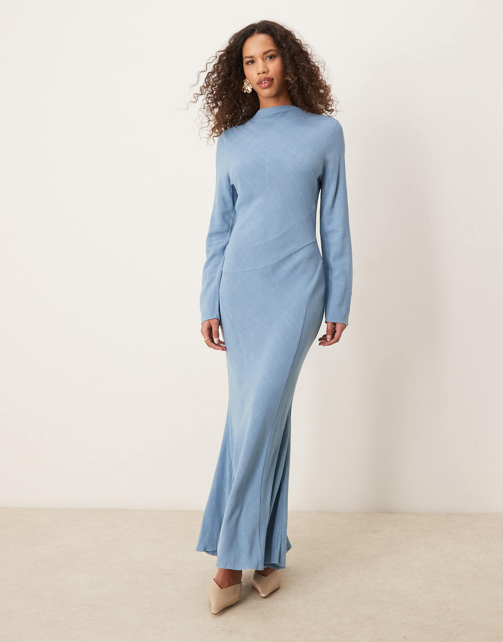 ASOS DESIGN linen blend high neck seam detail maxi dress in faded denim