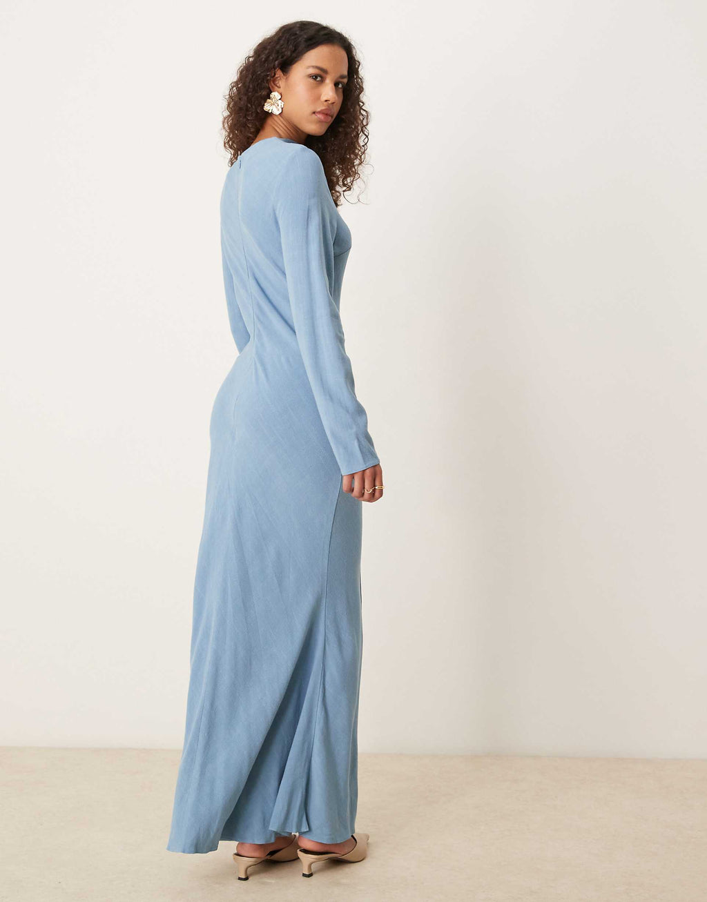 ASOS DESIGN linen blend high neck seam detail maxi dress in faded denim