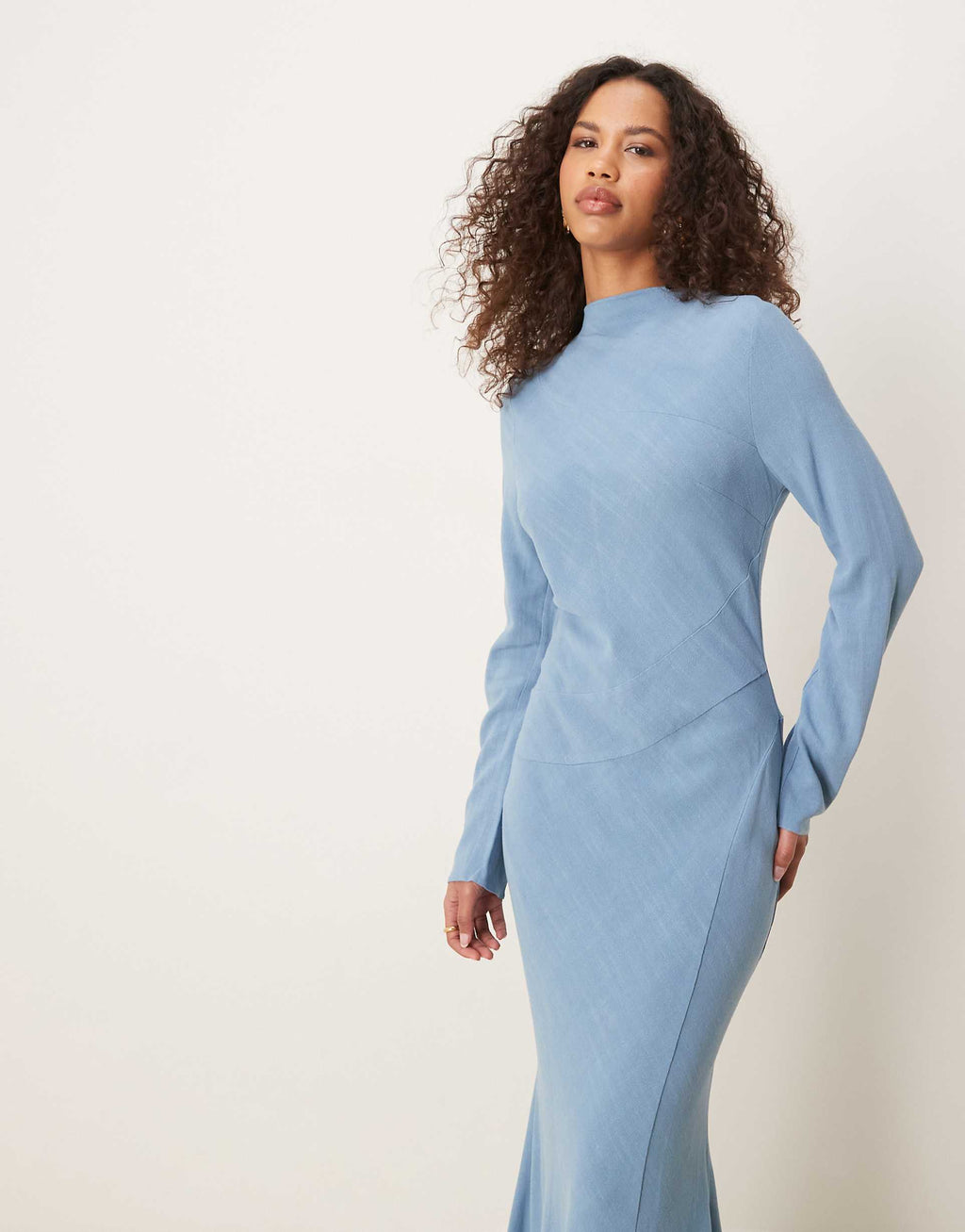 ASOS DESIGN linen blend high neck seam detail maxi dress in faded denim