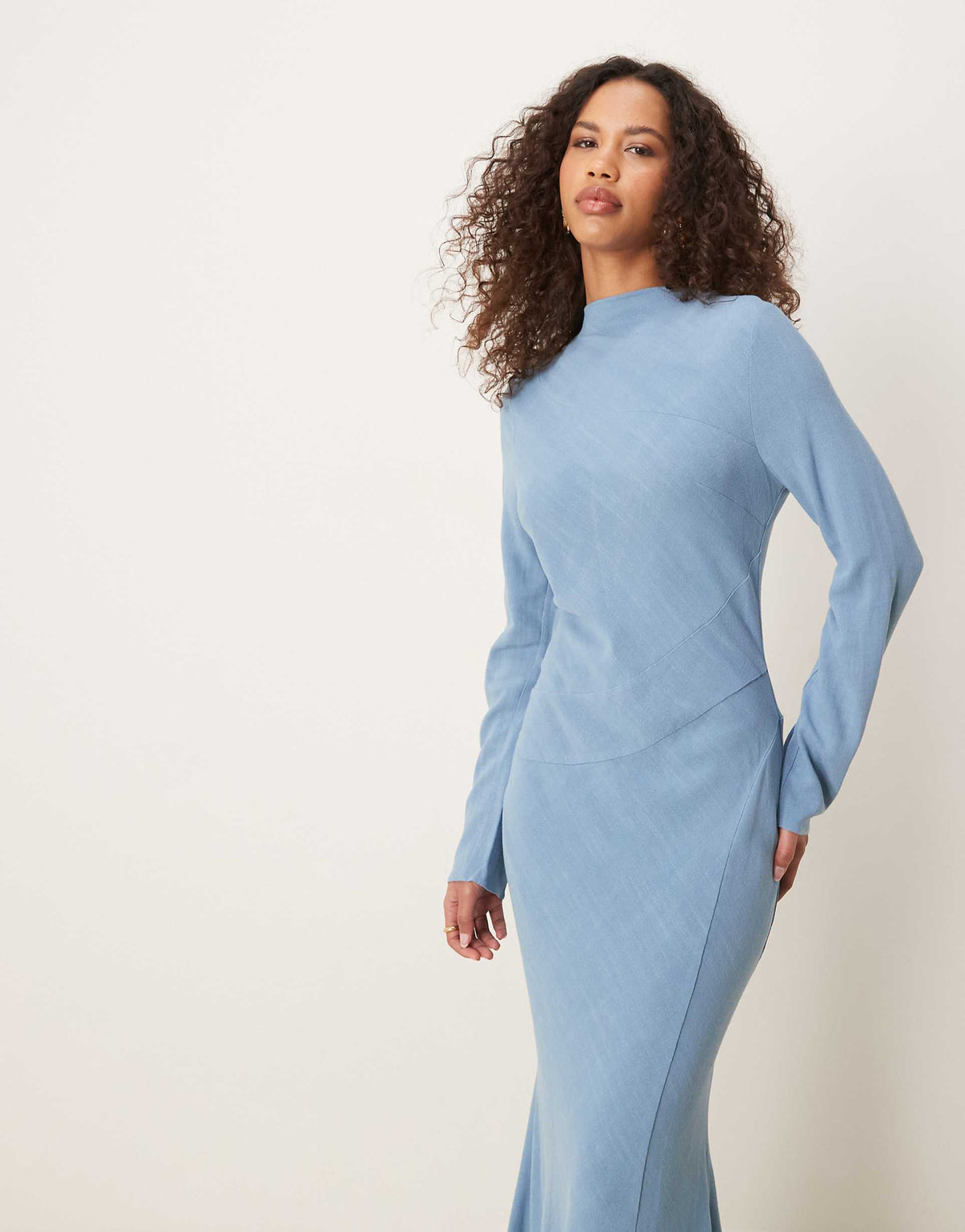 ASOS DESIGN linen blend high neck seam detail maxi dress in faded denim