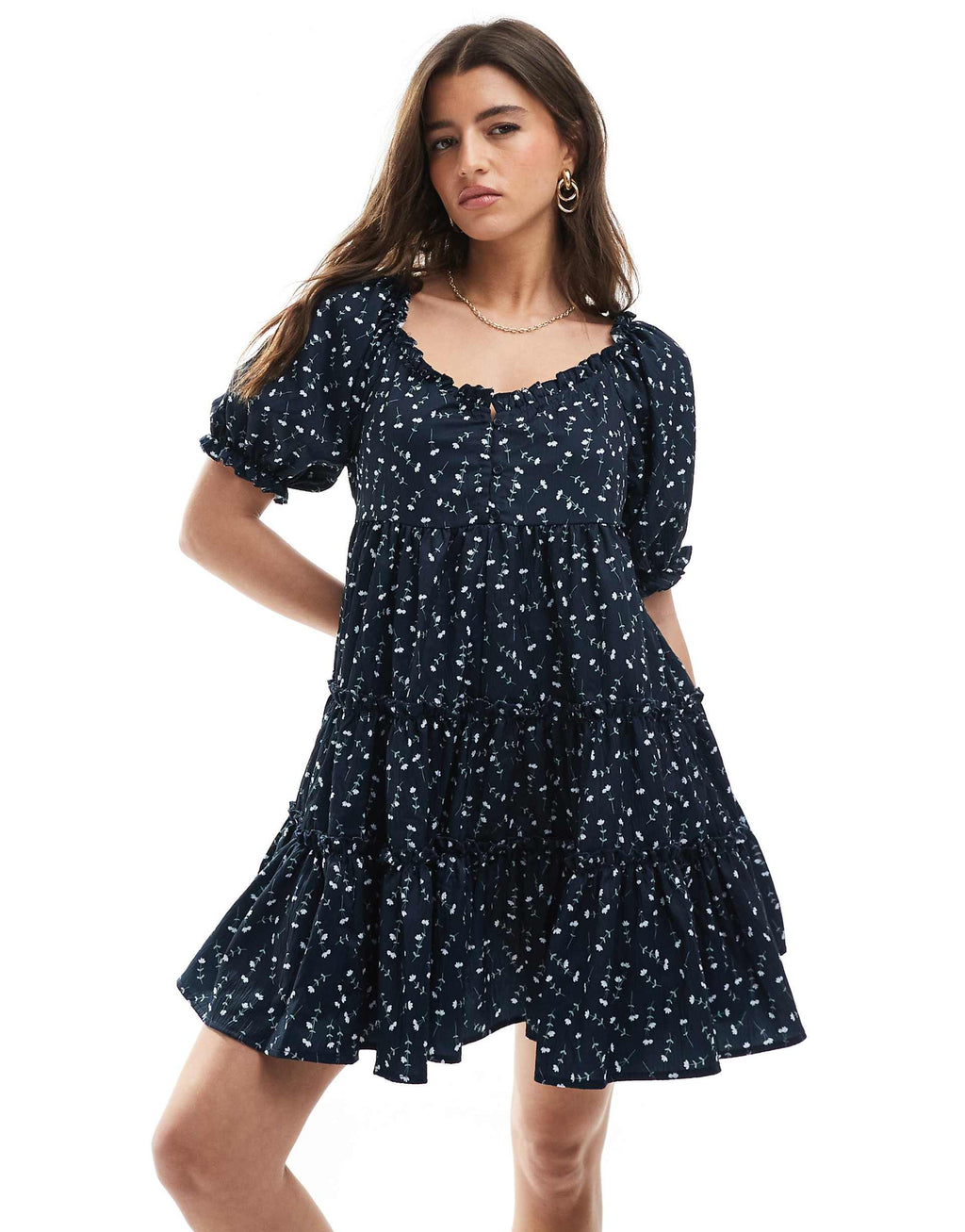 Daisy Street smock tiered mini dress in navy floral