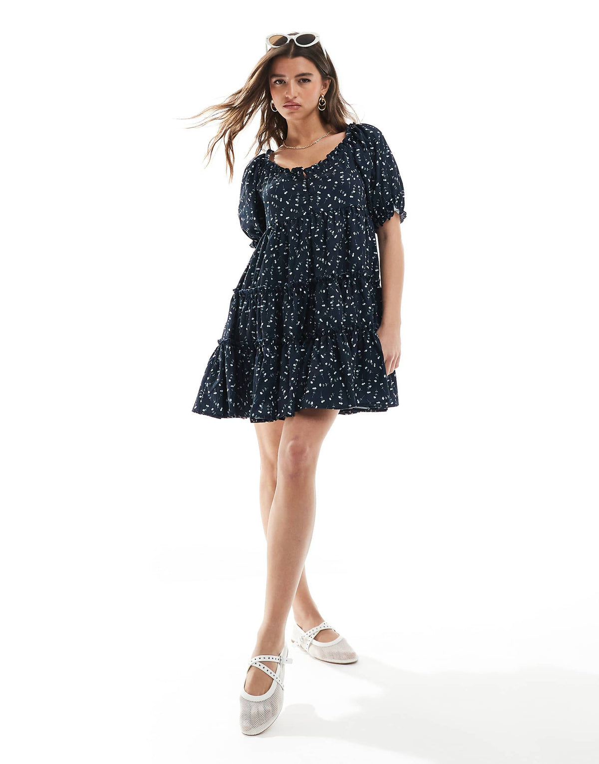 Daisy Street smock tiered mini dress in navy floral