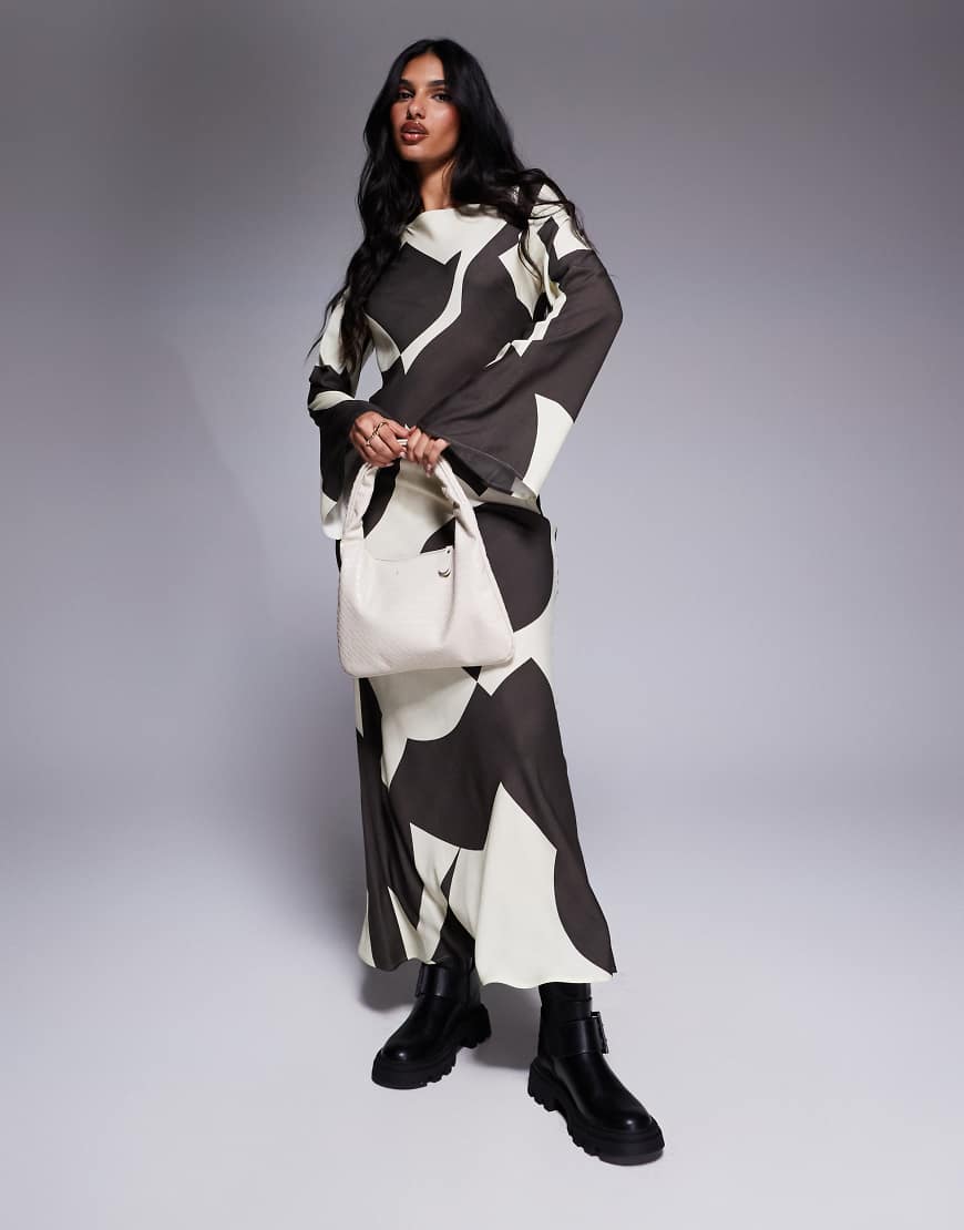 ASOS DESIGN biased slash neck maxi dress in brown abstract print