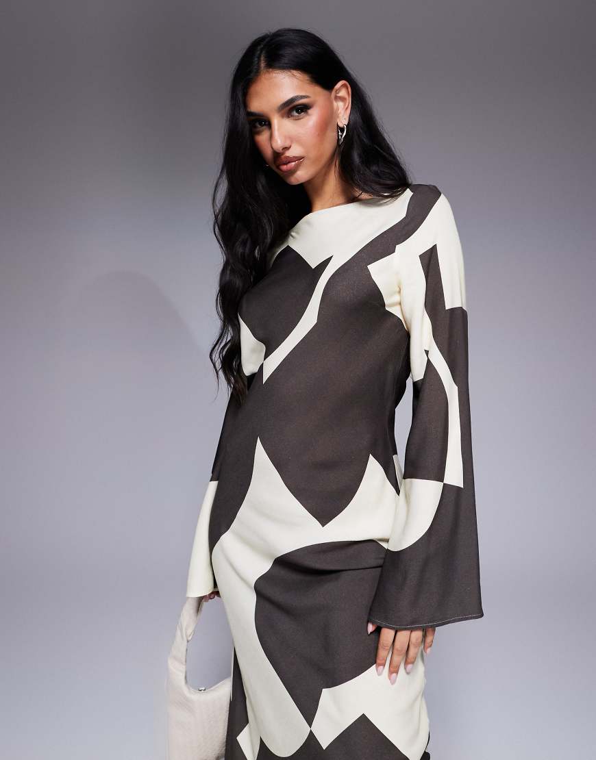 ASOS DESIGN biased slash neck maxi dress in brown abstract print
