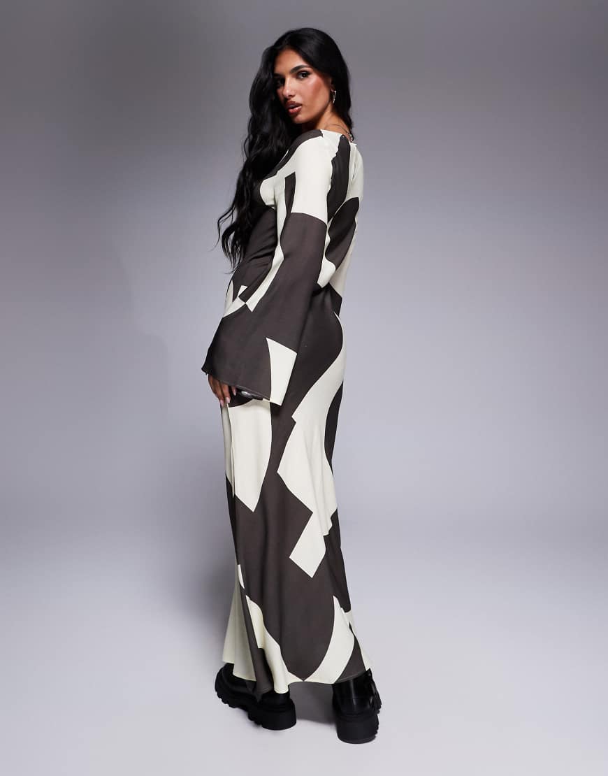 ASOS DESIGN biased slash neck maxi dress in brown abstract print