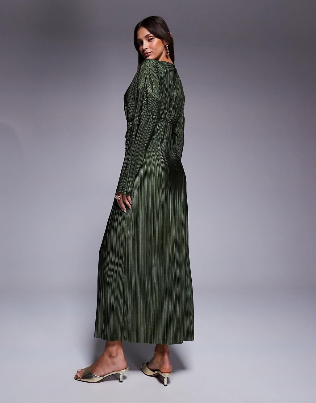 ASOS DESIGN plisse high neck long sleeve wrap waist maxi dress in khaki