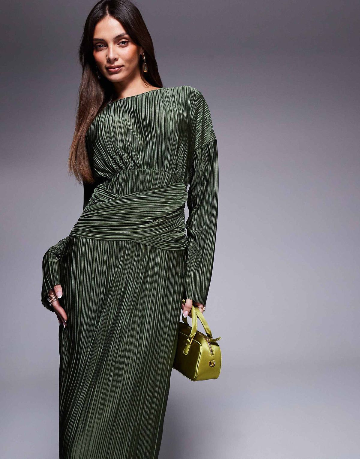 ASOS DESIGN plisse high neck long sleeve wrap waist maxi dress in khaki