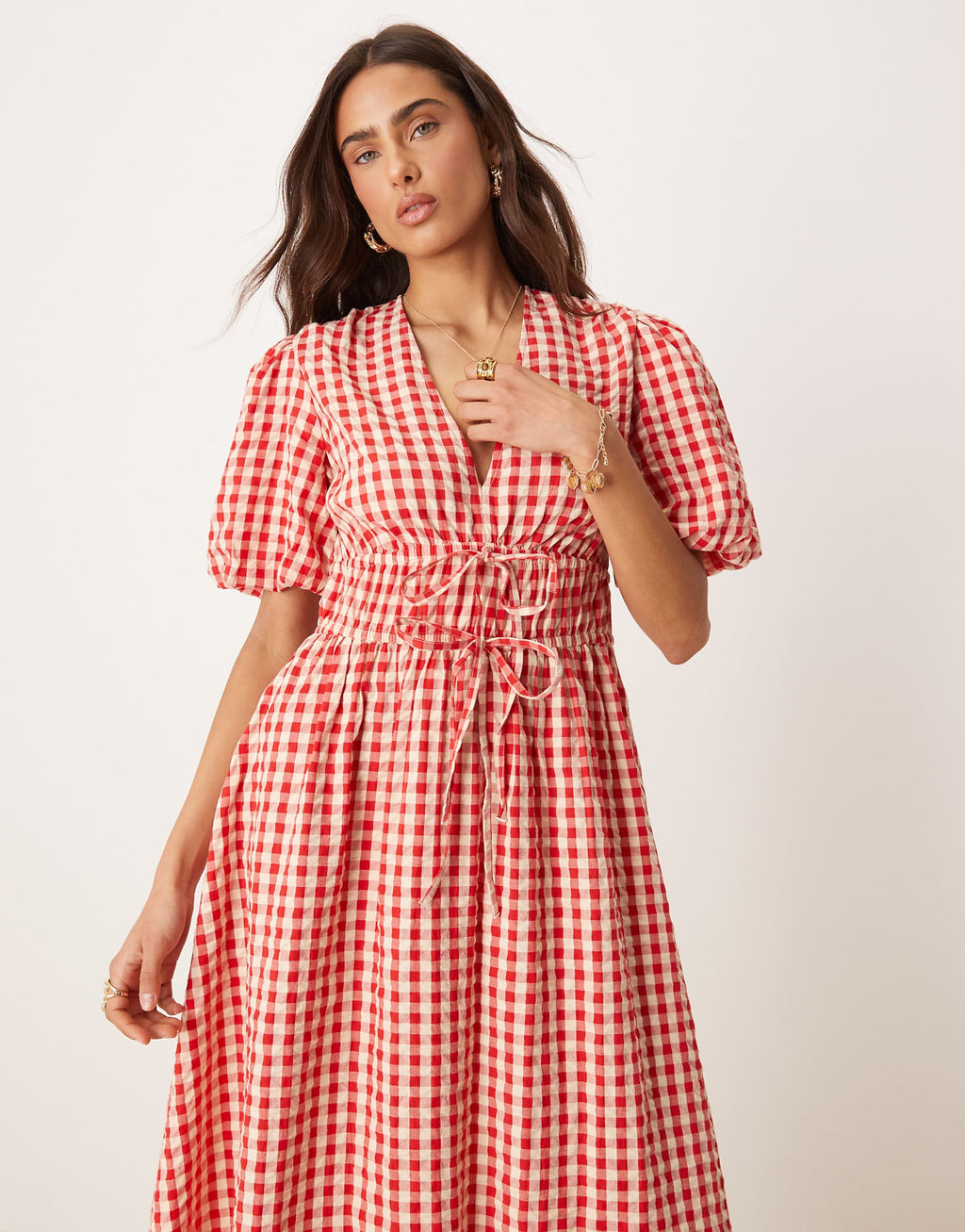 Nobody's Child Scottie v-neck midi dress in red gingham