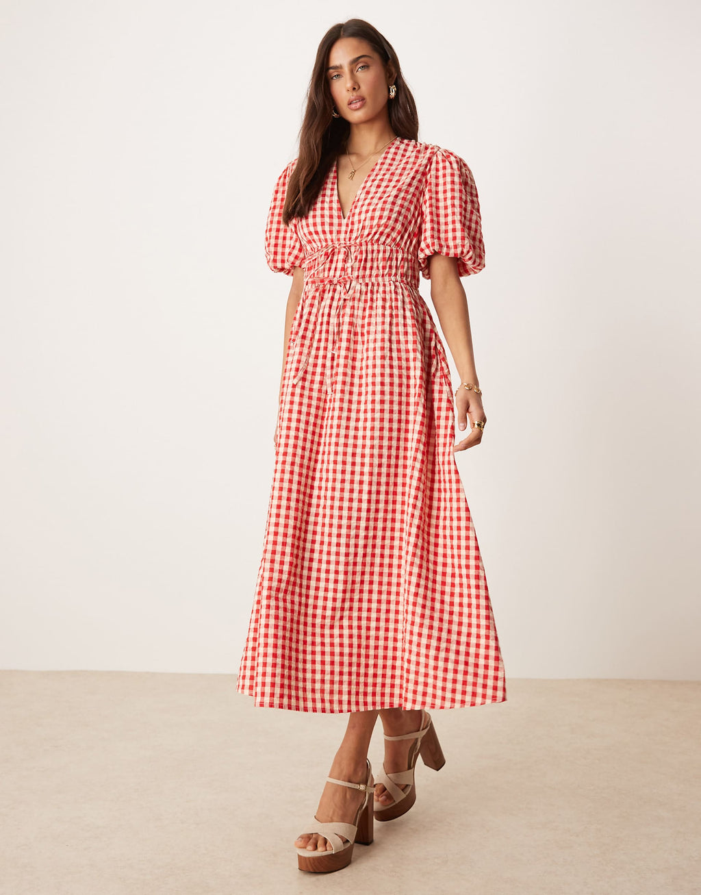 Nobody's Child Scottie v-neck midi dress in red gingham