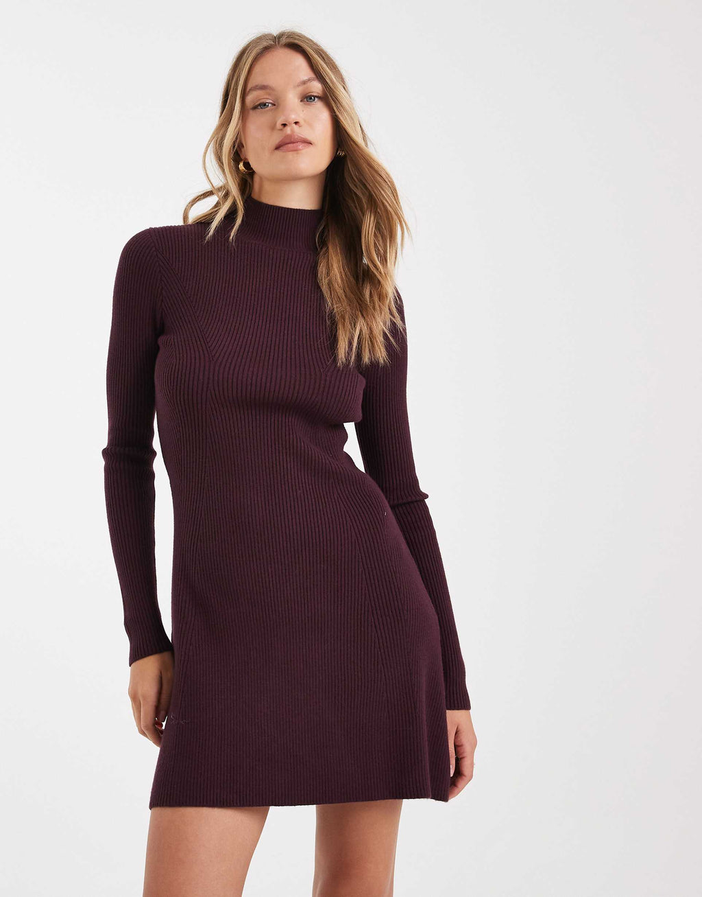 ASOS DESIGN knit fine gauge mini dress with rib detail in plum