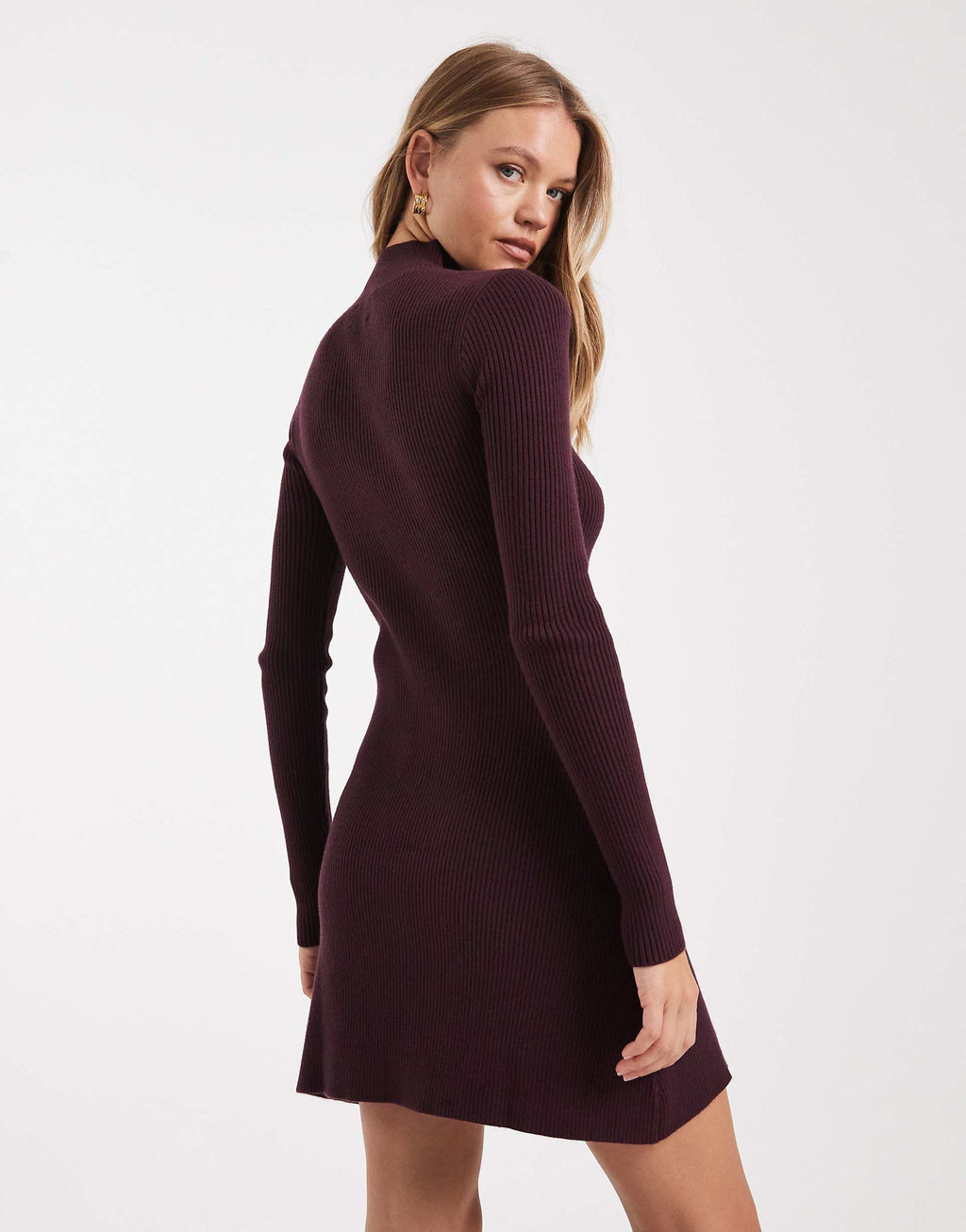 ASOS DESIGN knit fine gauge mini dress with rib detail in plum