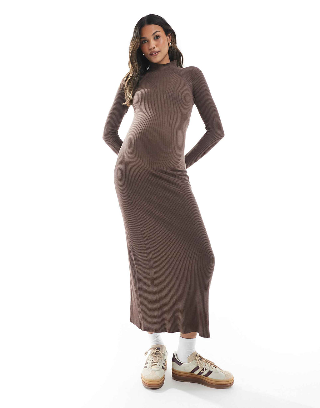ASOS DESIGN Maternity fine-gauge knit maxi dress with ribbed details in mocha