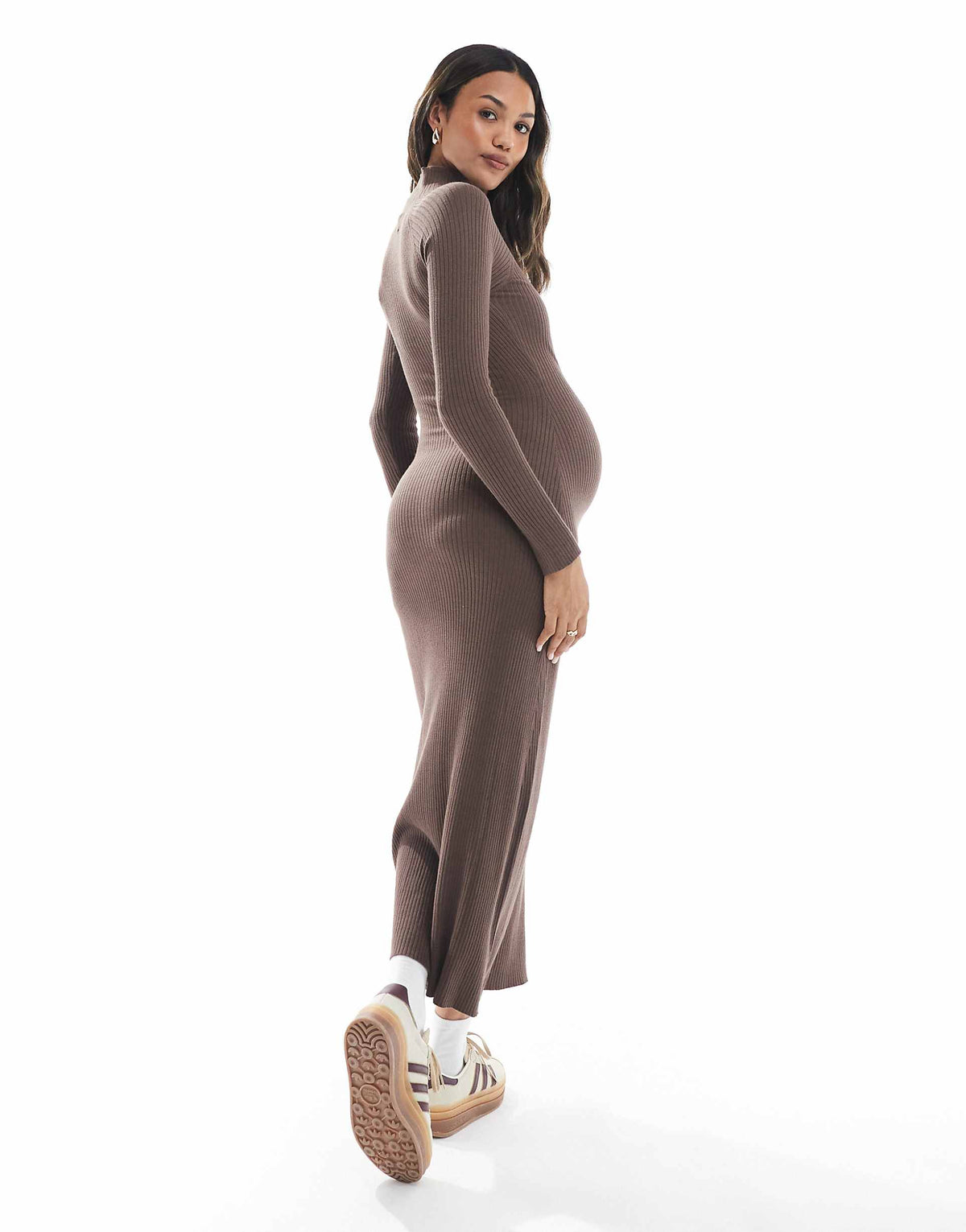 ASOS DESIGN Maternity fine-gauge knit maxi dress with ribbed details in mocha