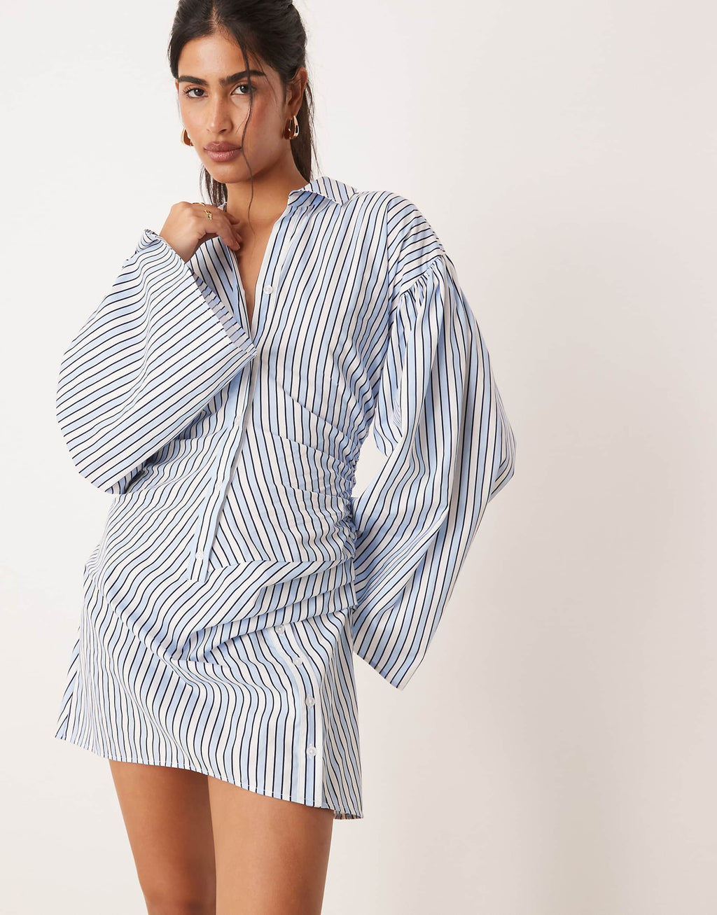 ASOS DESIGN shirt mini dress with cinched waist and flared sleeve in blue stripe