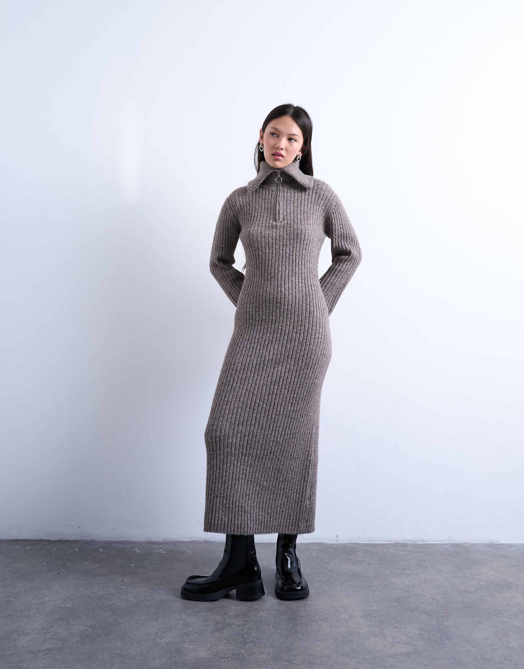 Topshop knit ring zip midaxi dress in brown