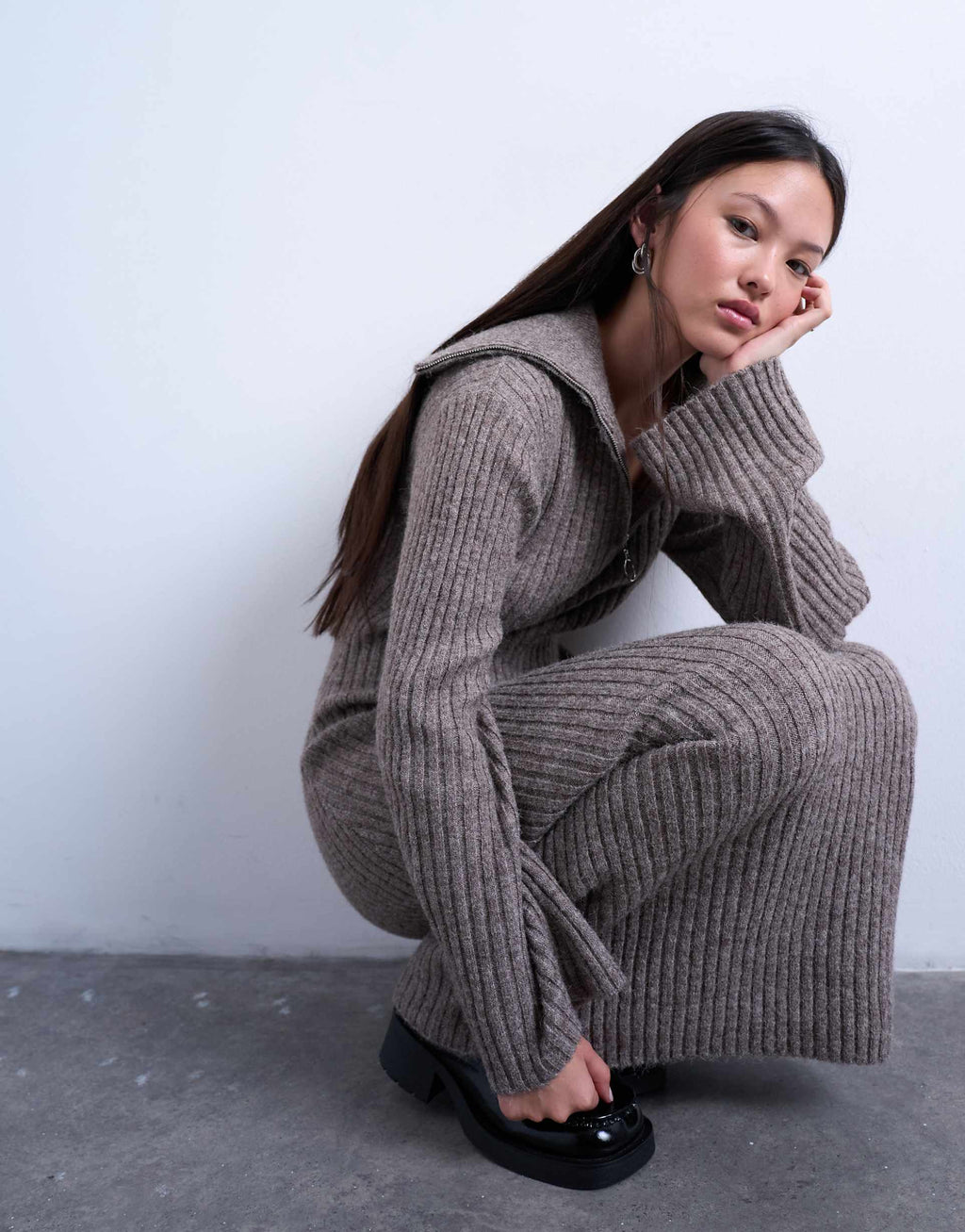 Topshop knit ring zip midaxi dress in brown