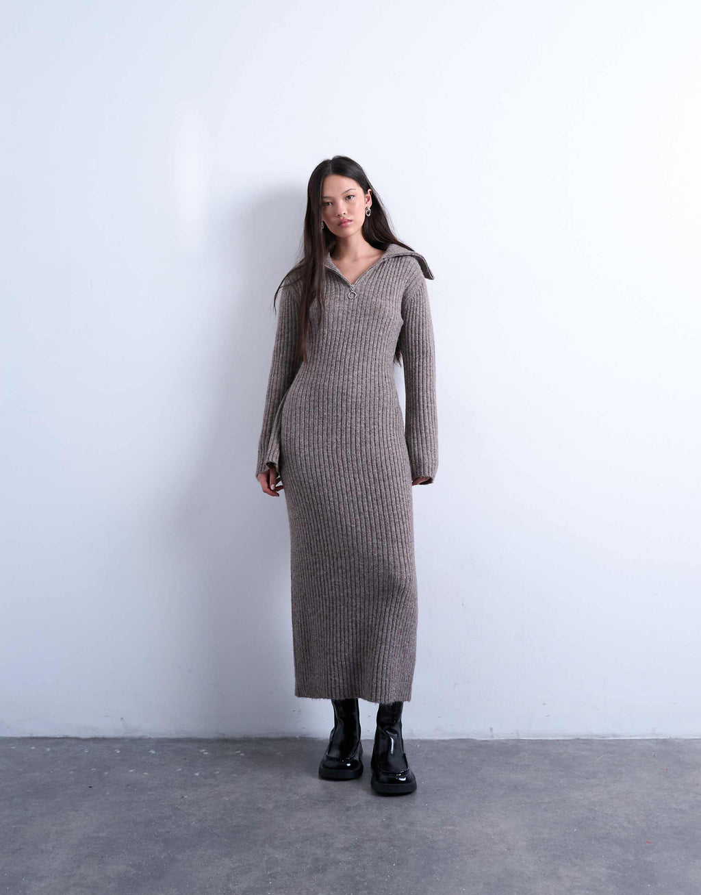 Topshop knit ring zip midaxi dress in brown