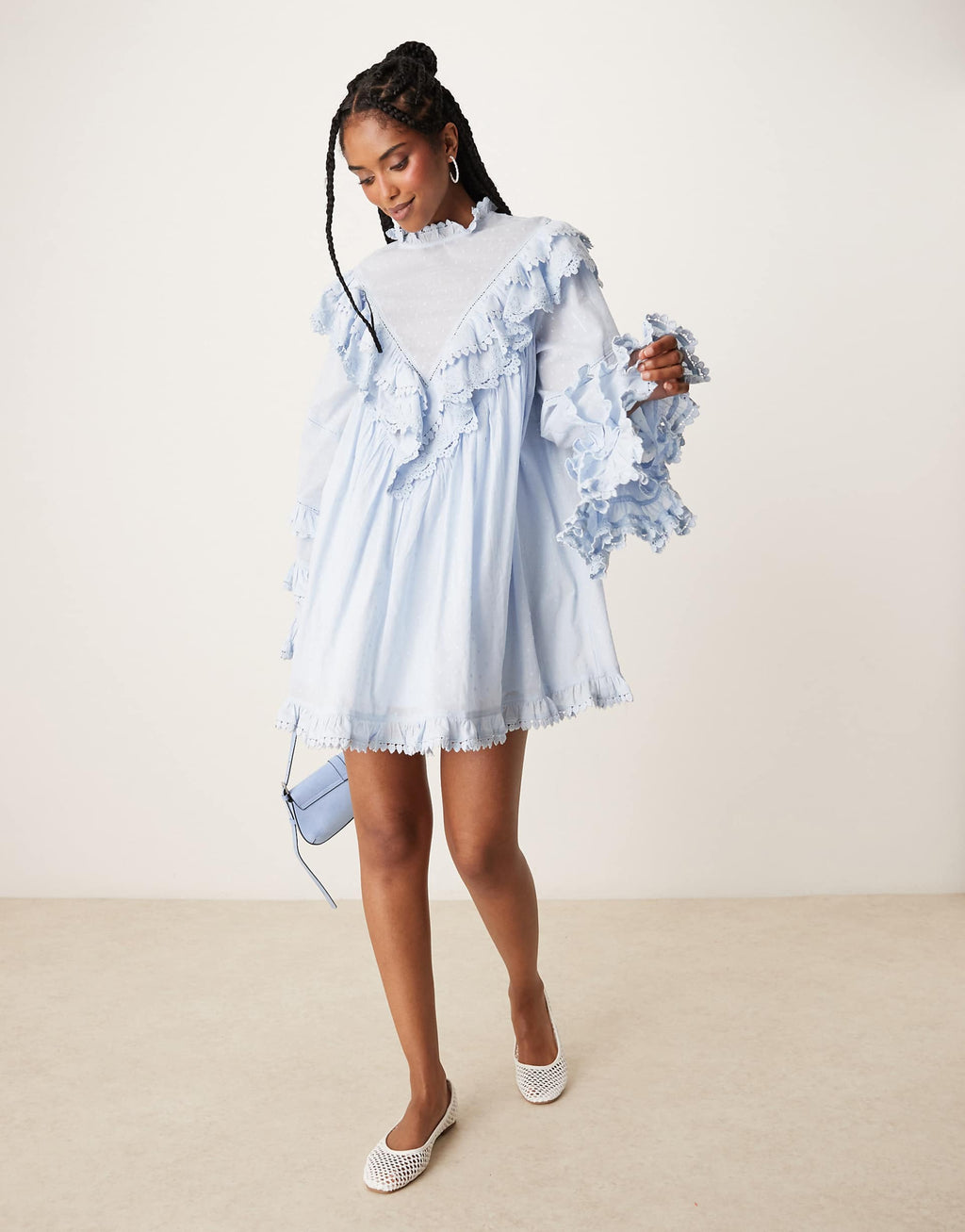 ASOS DESIGN high neck mini dress with angled frills in soft blue