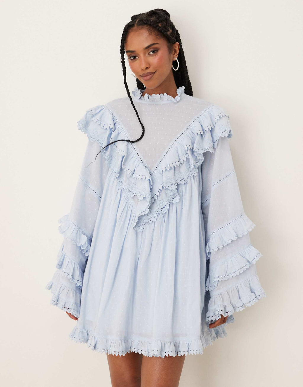 ASOS DESIGN high neck mini dress with angled frills in soft blue