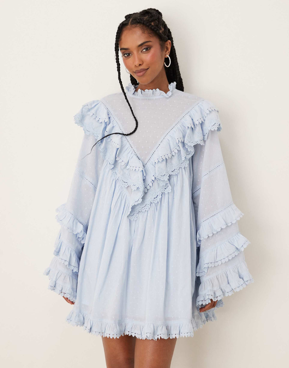 ASOS DESIGN high neck mini dress with angled frills in soft blue