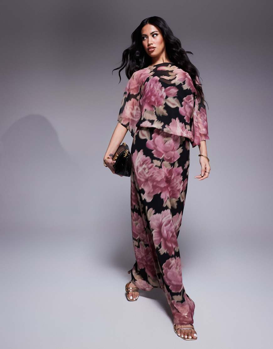 ASOS DESIGN drape slash neck asymmetric sleeve maxi dress in print