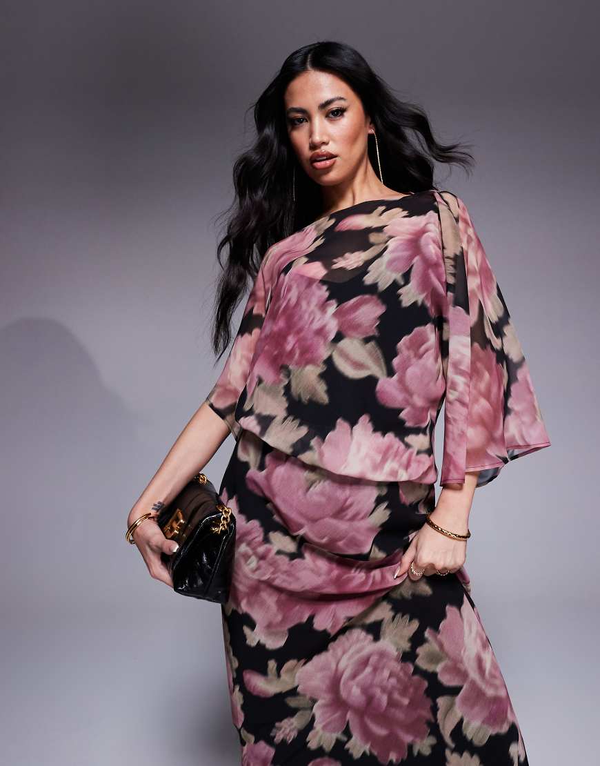 ASOS DESIGN drape slash neck asymmetric sleeve maxi dress in print