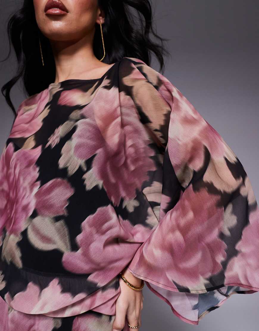 ASOS DESIGN drape slash neck asymmetric sleeve maxi dress in print