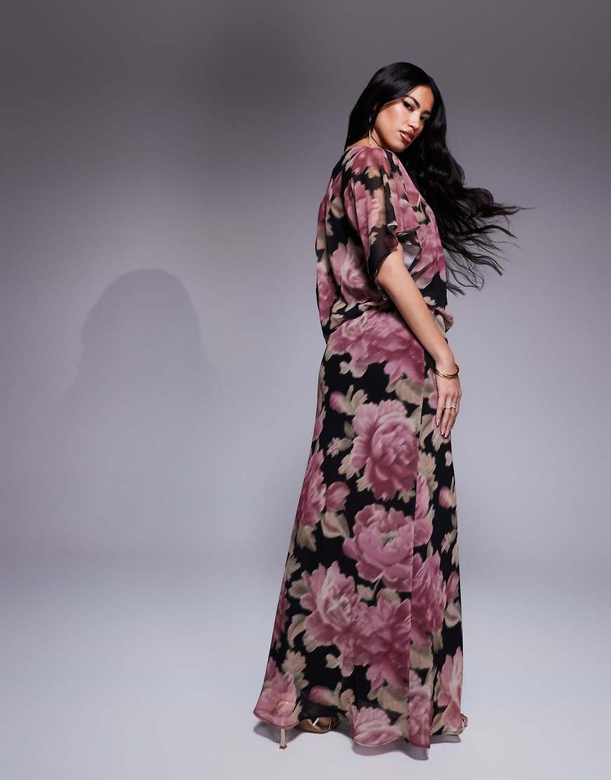 ASOS DESIGN drape slash neck asymmetric sleeve maxi dress in print