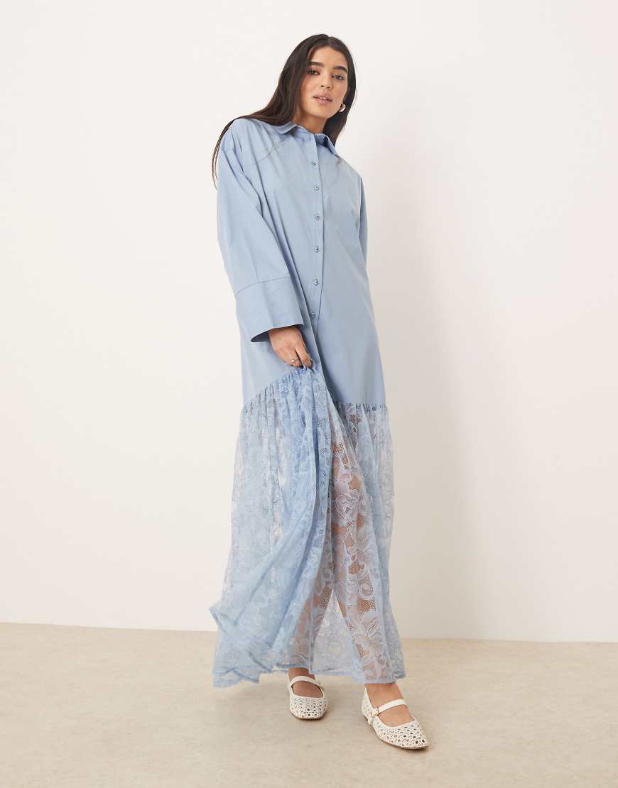 ASOS DESIGN cotton shirt with lace skirt maxi dress smoky blue