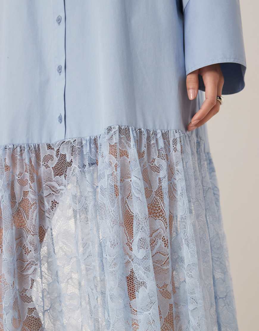 ASOS DESIGN cotton shirt with lace skirt maxi dress smoky blue