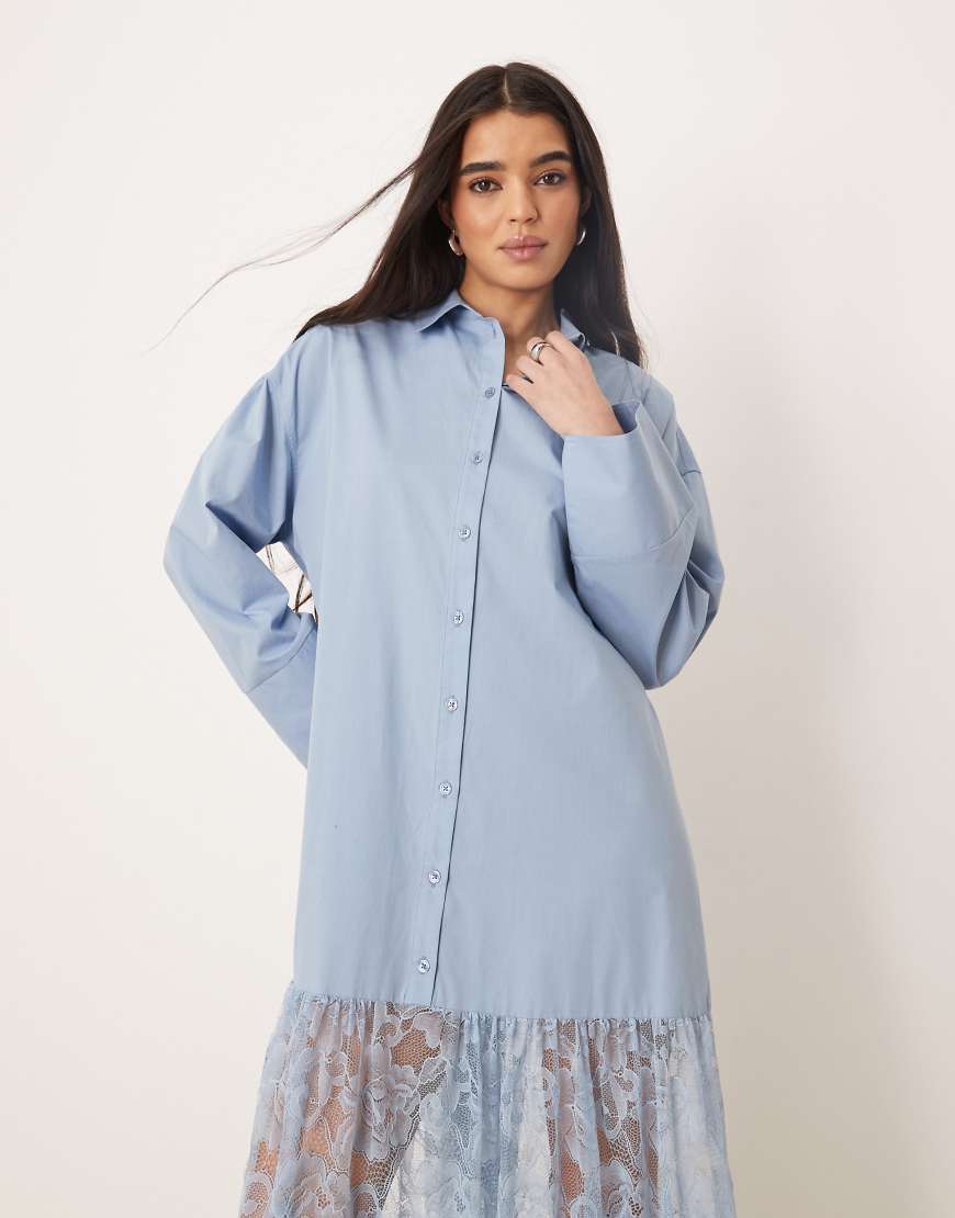 ASOS DESIGN cotton shirt with lace skirt maxi dress smoky blue
