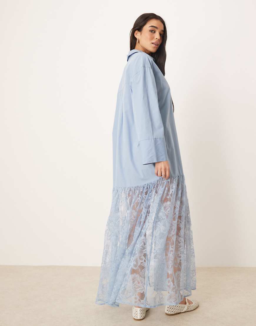 ASOS DESIGN cotton shirt with lace skirt maxi dress smoky blue
