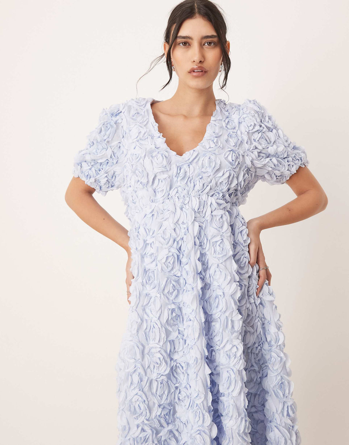YAS 3D floral textured v neck midi dress in soft blue