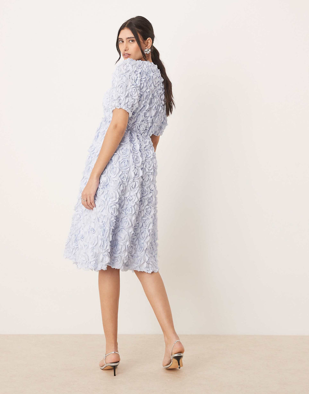 YAS 3D floral textured v neck midi dress in soft blue