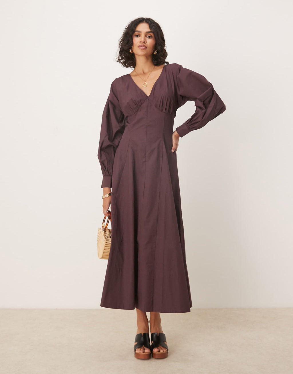 ASOS DESIGN long sleeve v neck poplin maxi dress in chocolate
