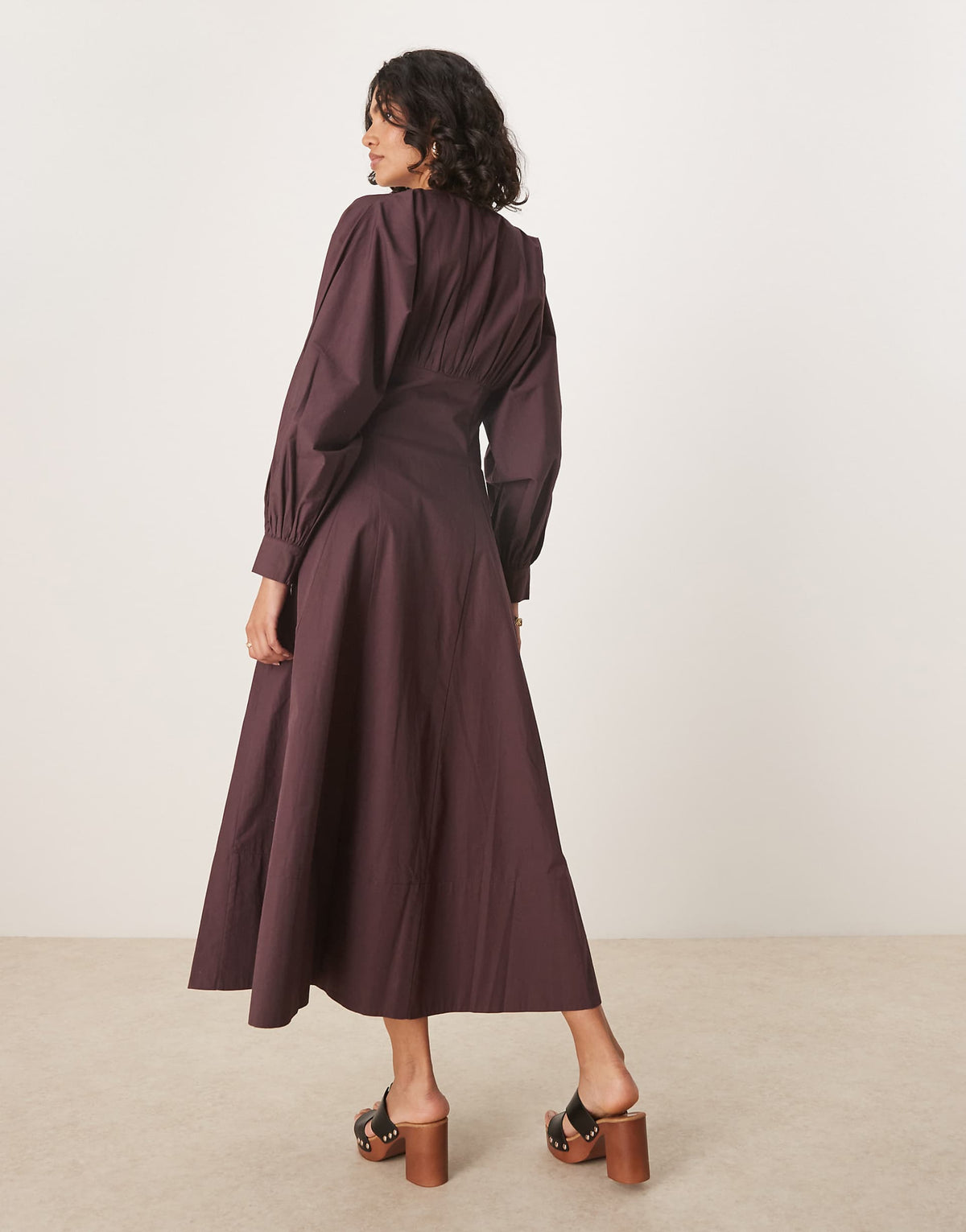 ASOS DESIGN long sleeve v neck poplin maxi dress in chocolate