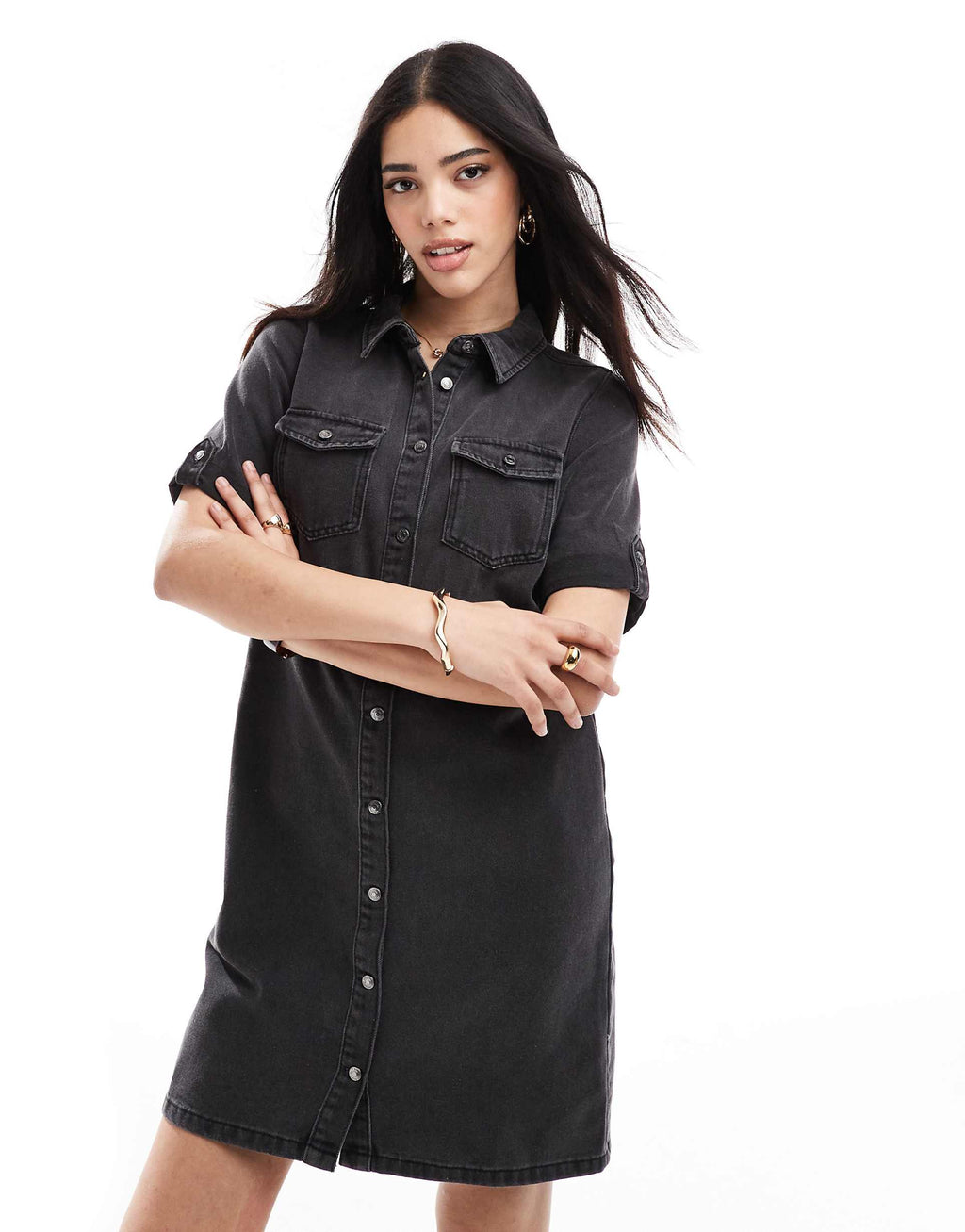 Vero Moda short sleeve denim mini dress in washed black