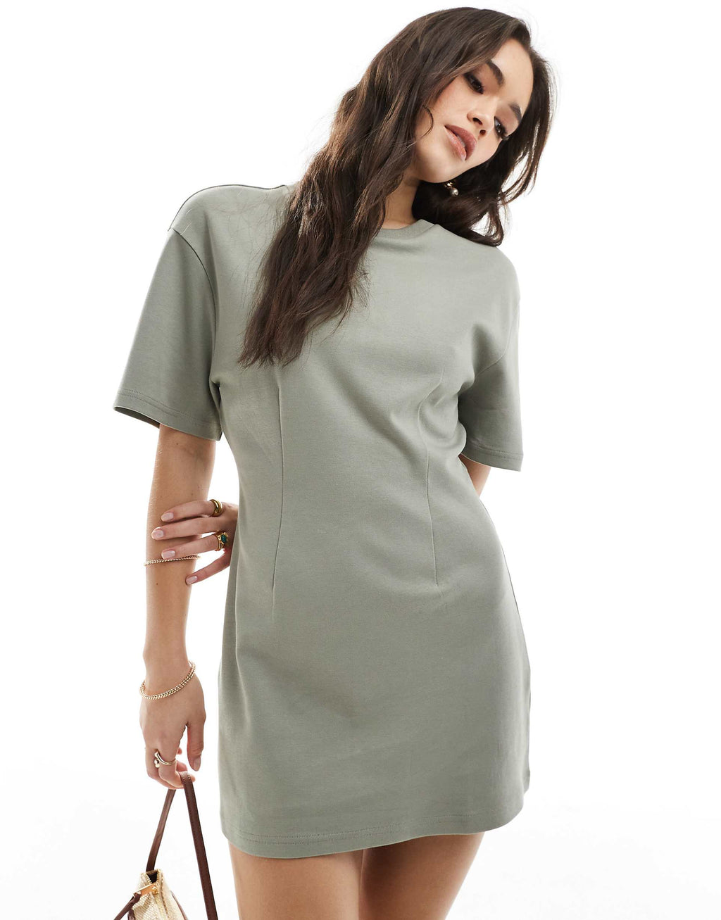 Monki t-shirt dress with cinched waist in khaki green
