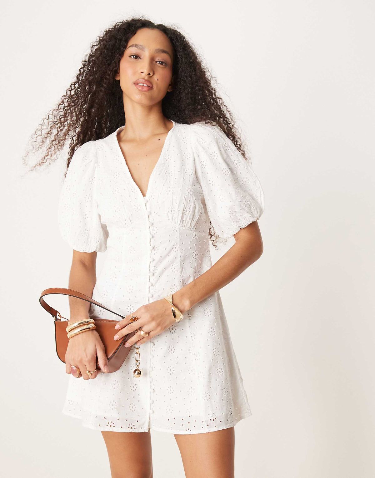 Gina Tricot long sleeve eyelet v neck graduation mini dress in off white
