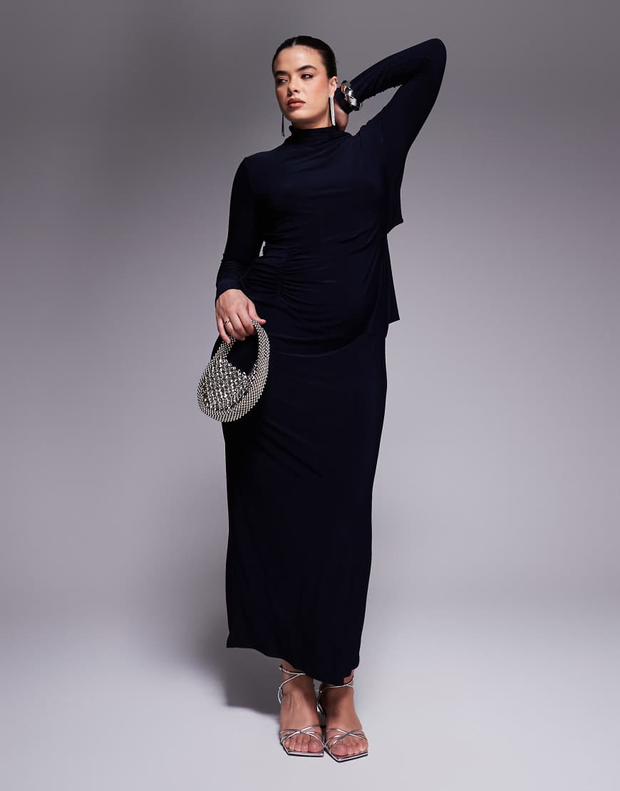 ASOS DESIGN Curve long sleeve ruched detail midaxi dress with twist open back in navy
