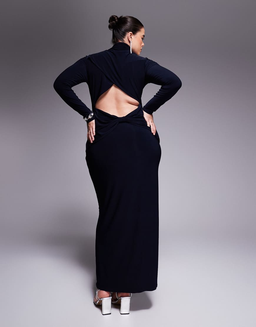 ASOS DESIGN Curve long sleeve ruched detail midaxi dress with twist open back in navy