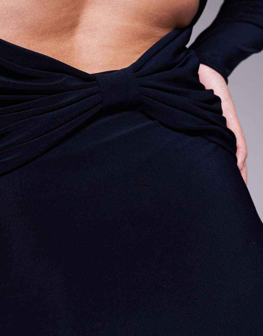 ASOS DESIGN Curve long sleeve ruched detail midaxi dress with twist open back in navy