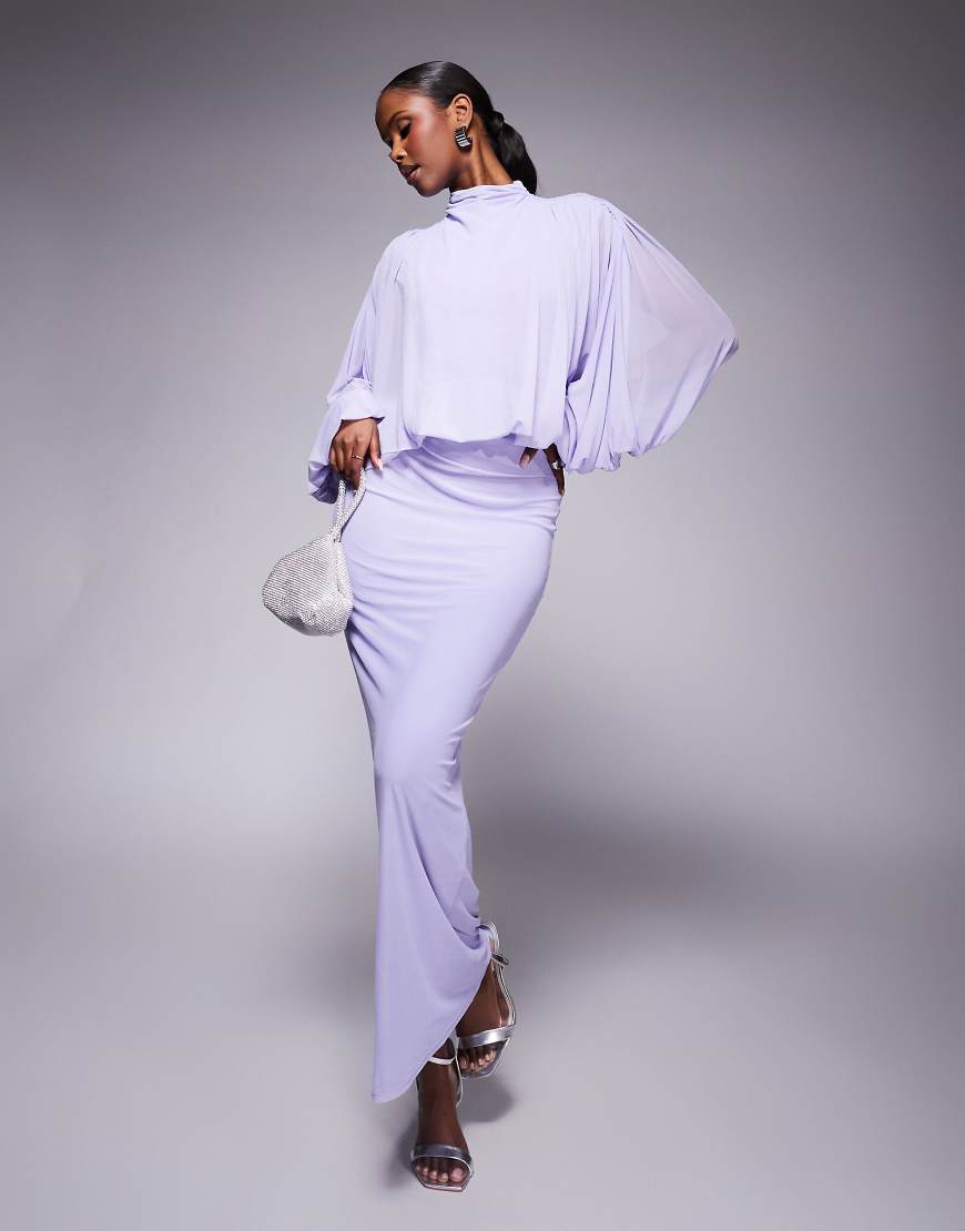 ASOS DESIGN Curve mesh draped blouson long sleeve maxi dress with ruched skirt in lilac