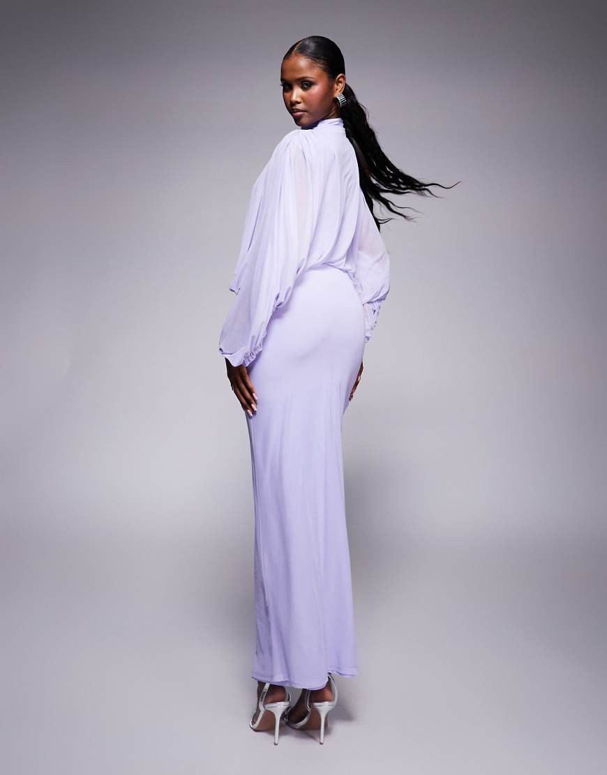 ASOS DESIGN Curve mesh draped blouson long sleeve maxi dress with ruched skirt in lilac